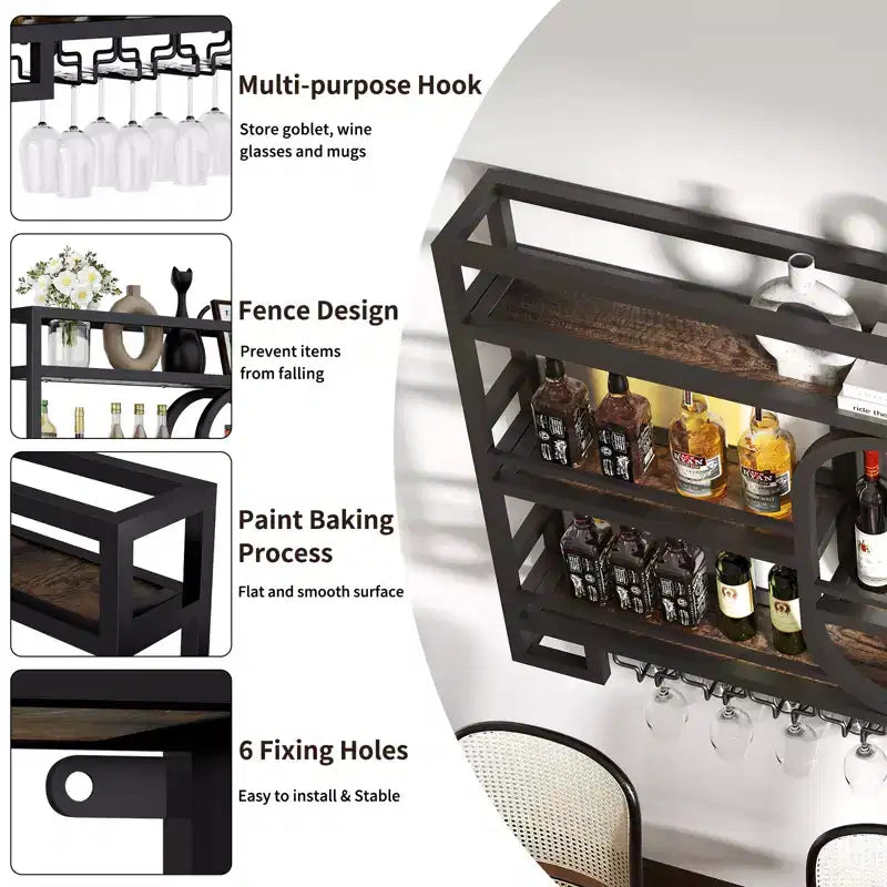 Bekrvio 39/47 Wall Mounted Wine Rack, Metal Floating Bar Shelves with Wine Glass Holder, Industrial Liquor Shelf for Home Bar Kitchen Dining