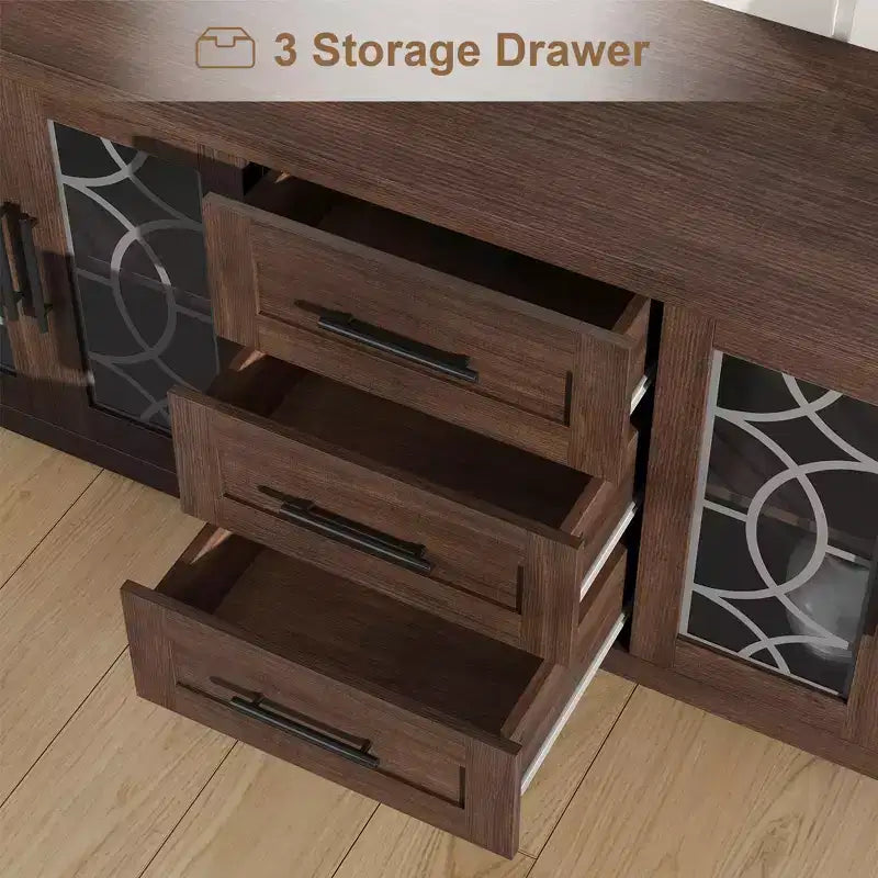 65 Farmhouse TV Stand for TVs up to 70 - Mid-Century Modern Entertainment Center with 2 Glass Doors & 3 Drawers - Wood Media Console