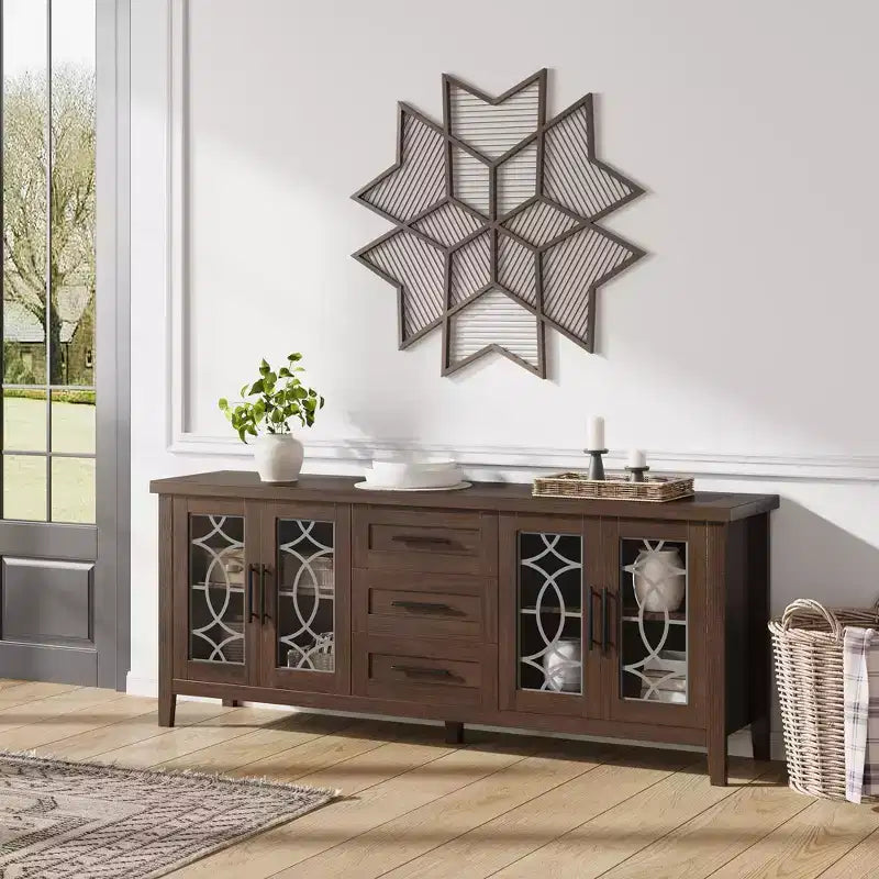65 Farmhouse TV Stand for TVs up to 70 - Mid-Century Modern Entertainment Center with 2 Glass Doors & 3 Drawers - Wood Media Console
