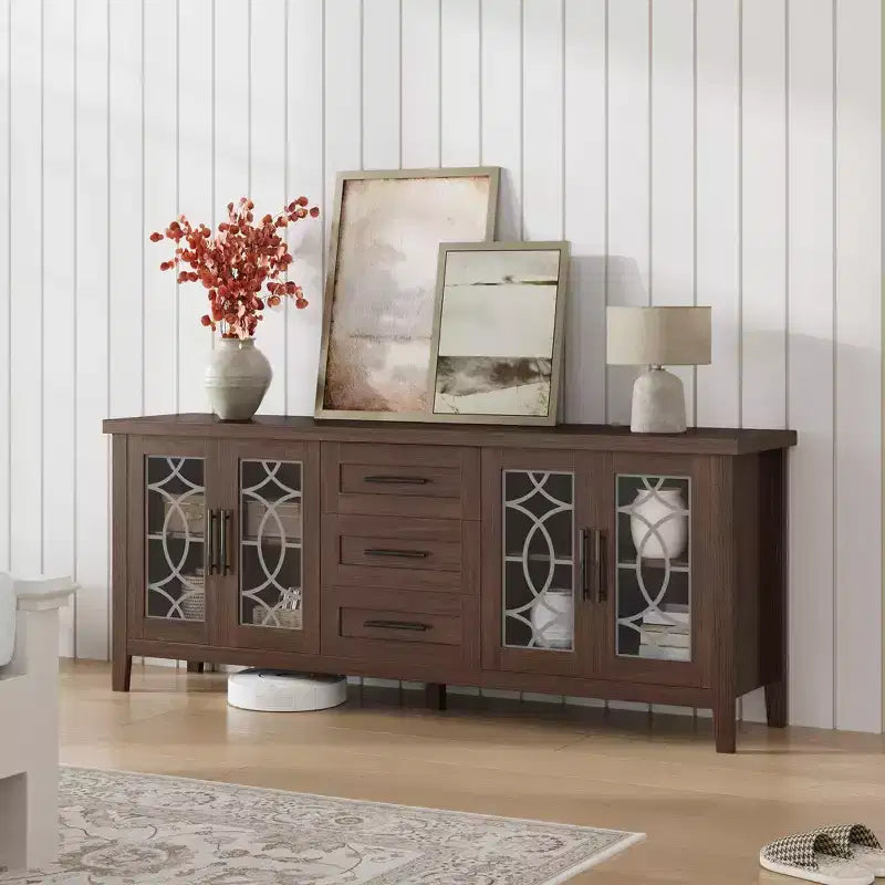 65 Farmhouse TV Stand for TVs up to 70 - Mid-Century Modern Entertainment Center with 2 Glass Doors & 3 Drawers - Wood Media Console