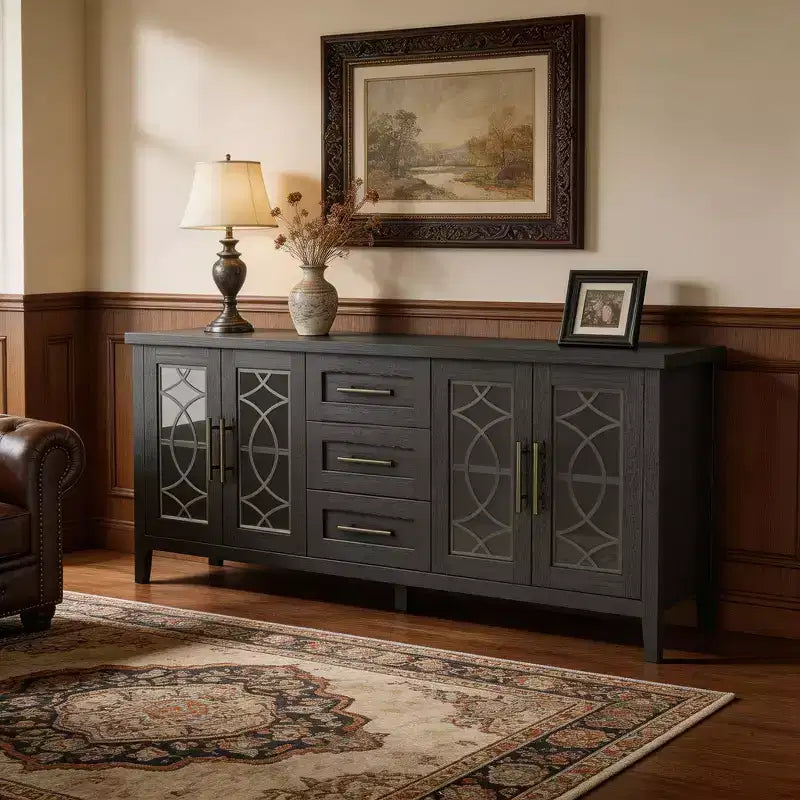 65 Farmhouse TV Stand for TVs up to 70 - Mid-Century Modern Entertainment Center with 2 Glass Doors & 3 Drawers - Wood Media Console