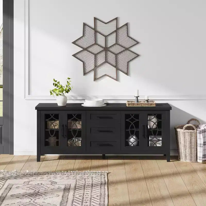 65 Farmhouse TV Stand for TVs up to 70 - Mid-Century Modern Entertainment Center with 2 Glass Doors & 3 Drawers - Wood Media Console