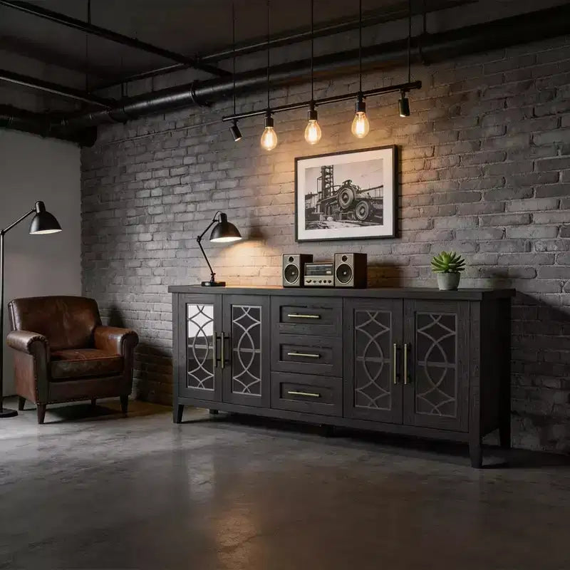 65 Farmhouse TV Stand for TVs up to 70 - Mid-Century Modern Entertainment Center with 2 Glass Doors & 3 Drawers - Wood Media Console