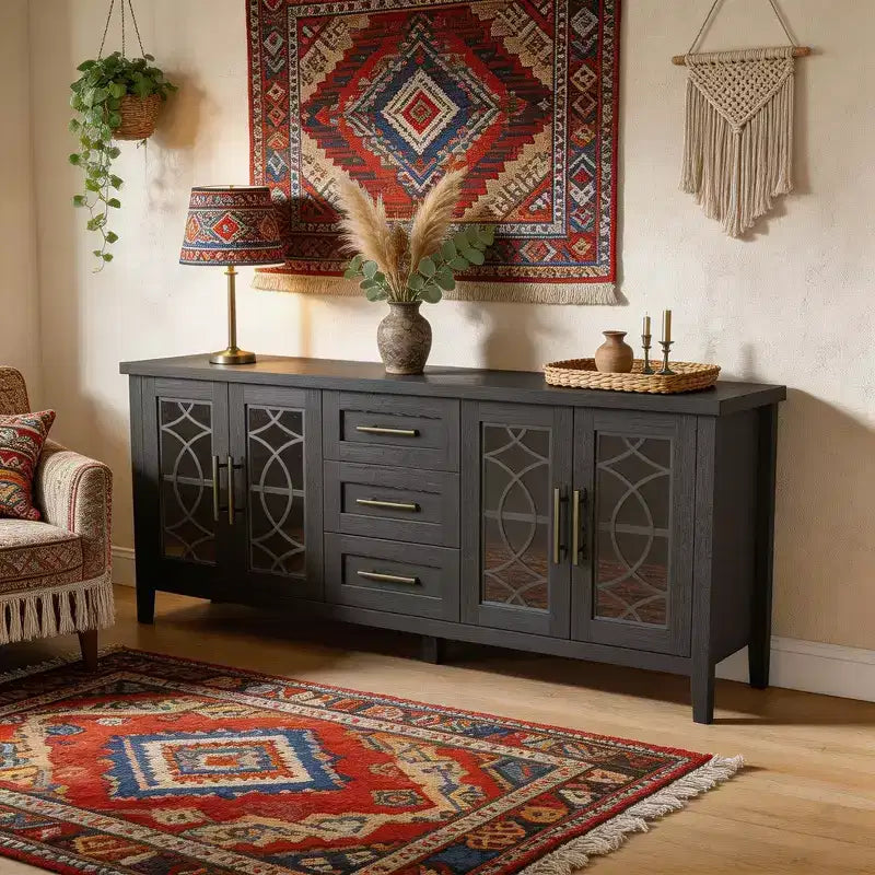 65 Farmhouse TV Stand for TVs up to 70 - Mid-Century Modern Entertainment Center with 2 Glass Doors & 3 Drawers - Wood Media Console