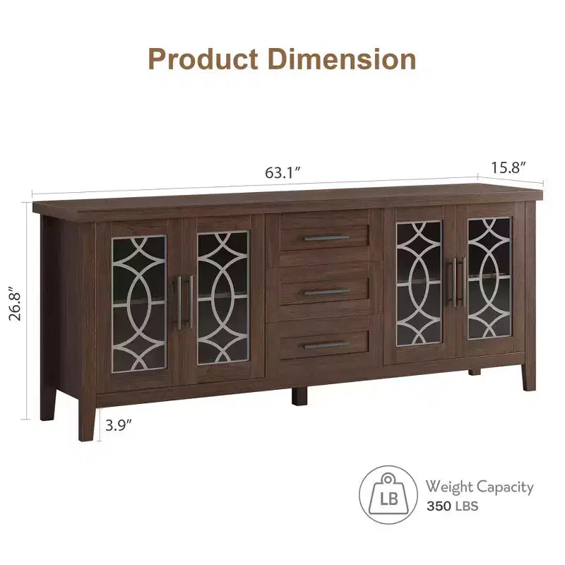 65 Farmhouse TV Stand for TVs up to 70 - Mid-Century Modern Entertainment Center with 2 Glass Doors & 3 Drawers - Wood Media Console