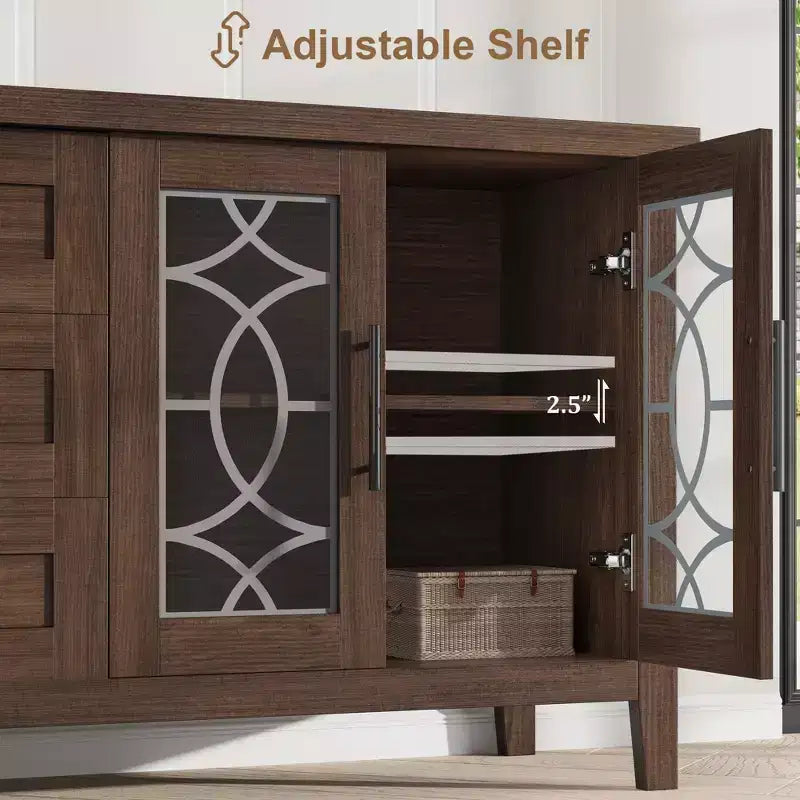 65 Farmhouse TV Stand for TVs up to 70 - Mid-Century Modern Entertainment Center with 2 Glass Doors & 3 Drawers - Wood Media Console