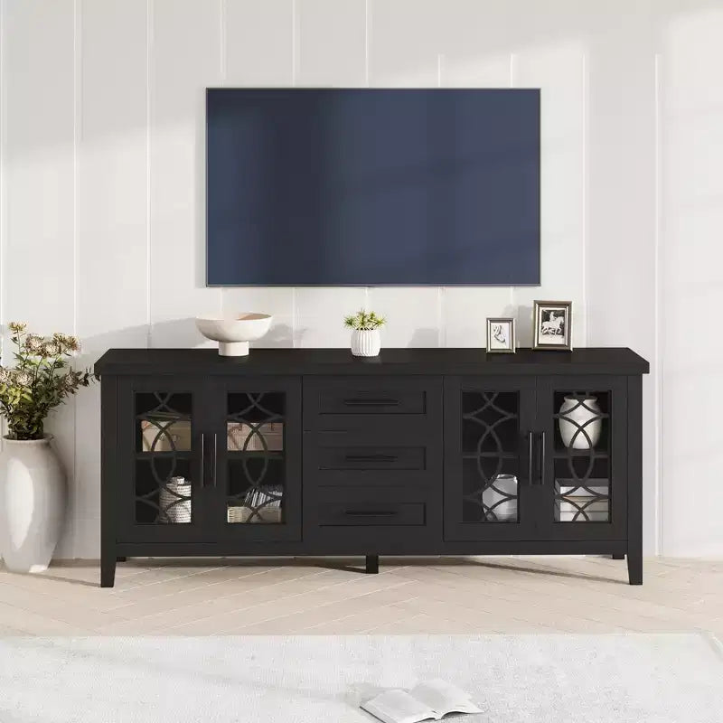 65 Farmhouse TV Stand for TVs up to 70 - Mid-Century Modern Entertainment Center with 2 Glass Doors & 3 Drawers - Wood Media Console