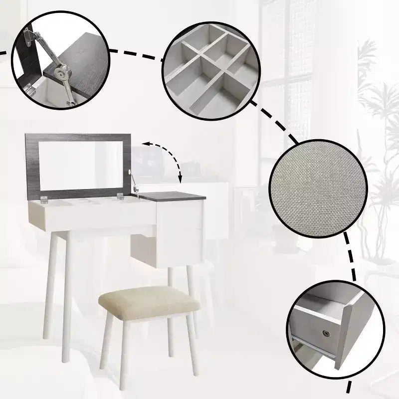 White Makeup Vanity Desk with Flip-Top Mirror, 2 Drawers and 8 Compartments for Bedroom, 3-in-1 Design, Space-Saving Design