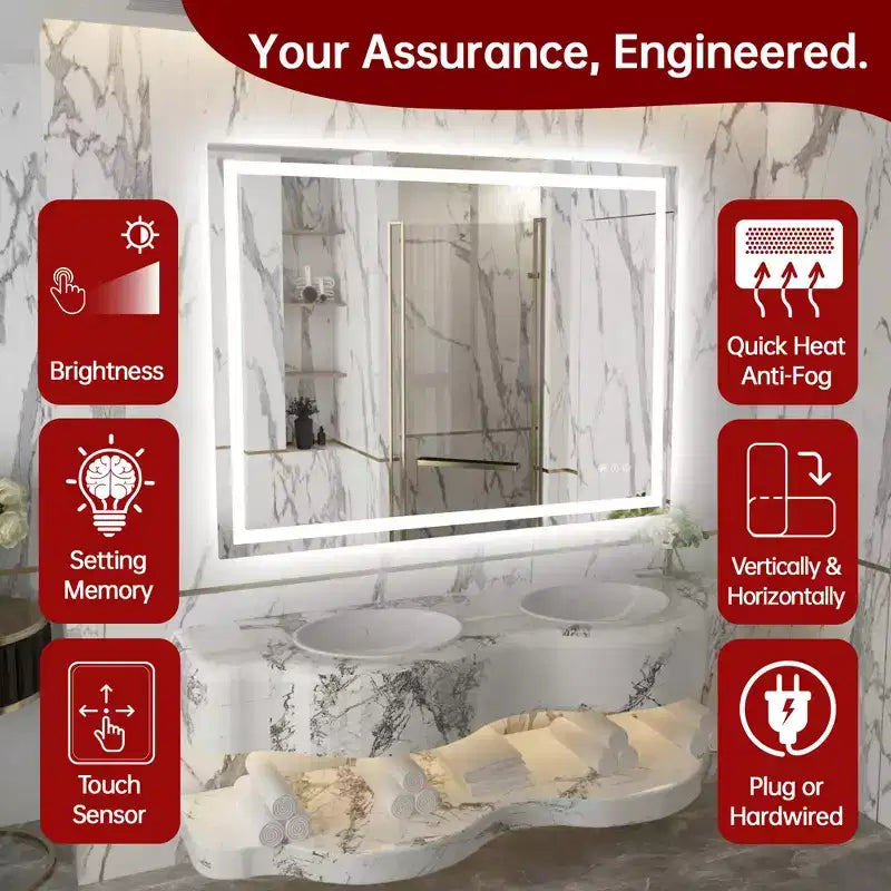 SUMERAIN 48x36 Wall LED Bathroom Mirror Shatter-Proof, ETL Anti-Fog Vanity Mirror Stepless Dimmable
