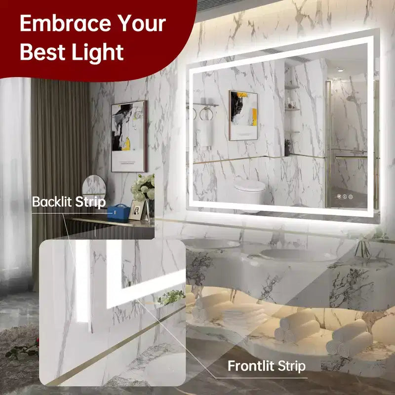 SUMERAIN 48x36 Wall LED Bathroom Mirror Shatter-Proof, ETL Anti-Fog Vanity Mirror Stepless Dimmable