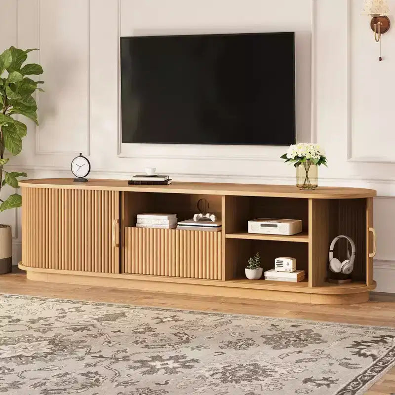 Vintage Rustic TV Stand with Sliding Wood Slatted Doors, 75 Farmhouse Fluted Media Console with Drawer (Natural Wood Grain)