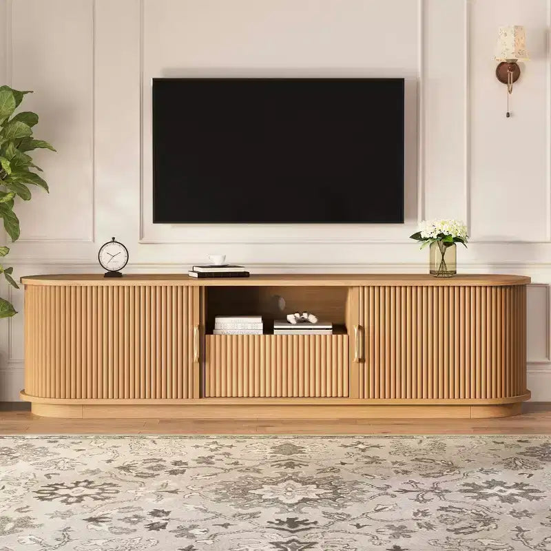 Vintage Rustic TV Stand with Sliding Wood Slatted Doors, 75 Farmhouse Fluted Media Console with Drawer (Natural Wood Grain)