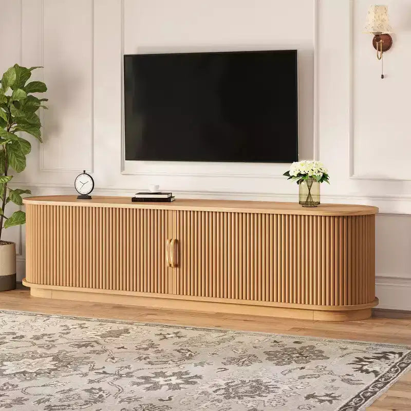 Vintage Rustic TV Stand with Sliding Wood Slatted Doors, 75 Farmhouse Fluted Media Console with Drawer (Natural Wood Grain)