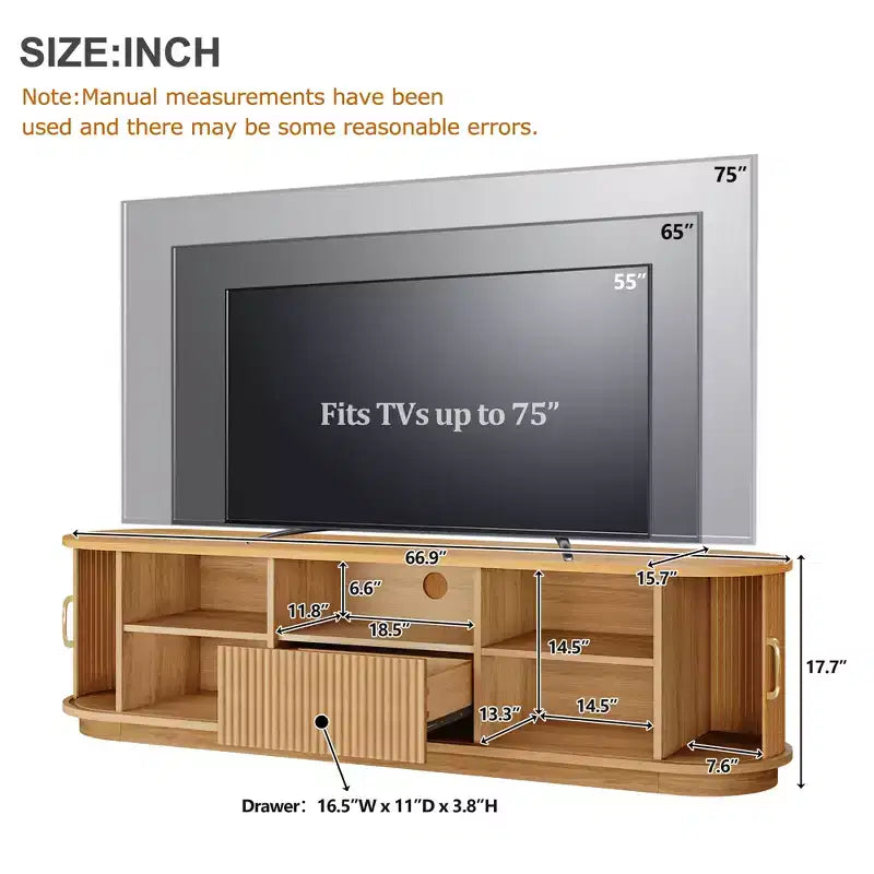 Vintage Rustic TV Stand with Sliding Wood Slatted Doors, 75 Farmhouse Fluted Media Console with Drawer (Natural Wood Grain)