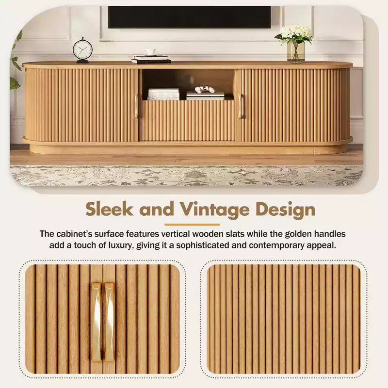 Vintage Rustic TV Stand with Sliding Wood Slatted Doors, 75 Farmhouse Fluted Media Console with Drawer (Natural Wood Grain)