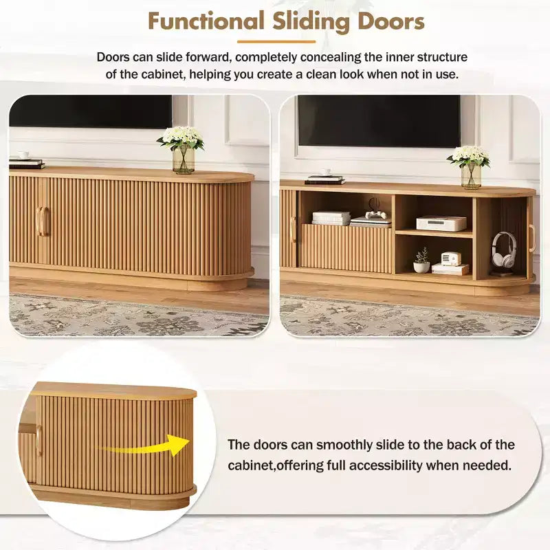 Vintage Rustic TV Stand with Sliding Wood Slatted Doors, 75 Farmhouse Fluted Media Console with Drawer (Natural Wood Grain)