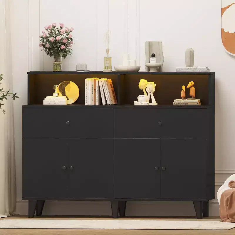 47 Storage Buffet Cabinet with 6 Drawers, Adjustable Shelf, LED Lights and Charging Station for Kitchen and Dining Room