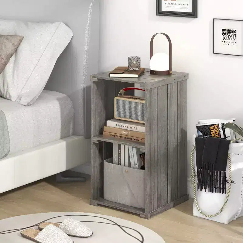 Costway 1/2 PCS 2-Cube Storage Shelf Slatted Paulownia Wood Cubic Organizer with Open Back Gray
