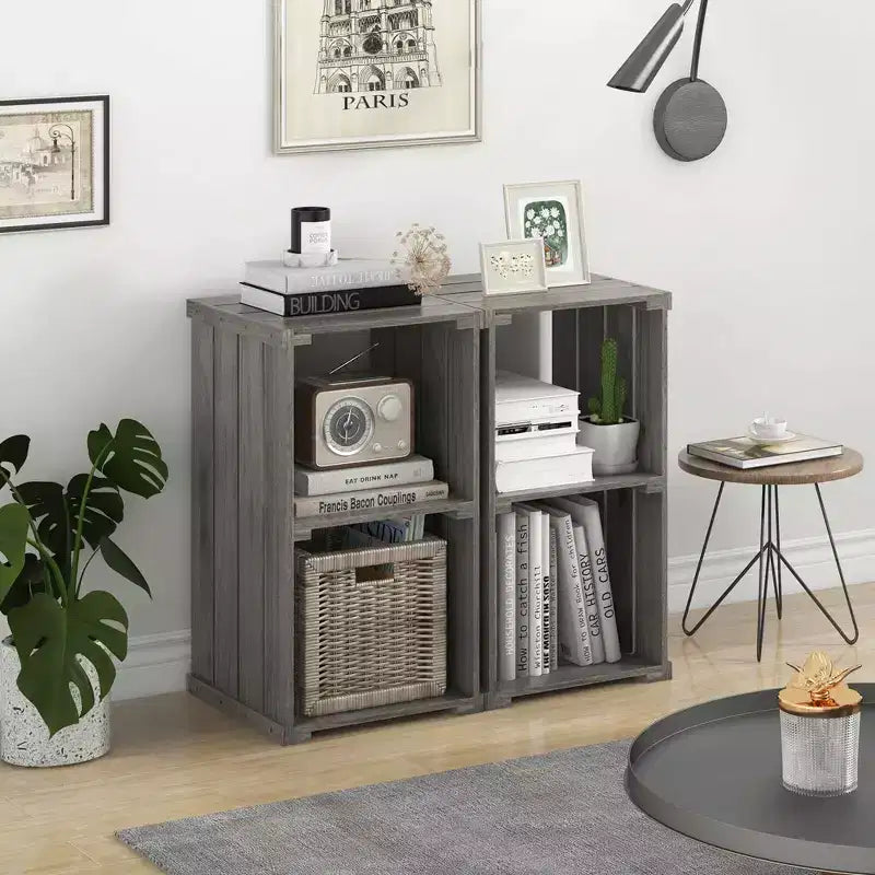 Costway 1/2 PCS 2-Cube Storage Shelf Slatted Paulownia Wood Cubic Organizer with Open Back Gray