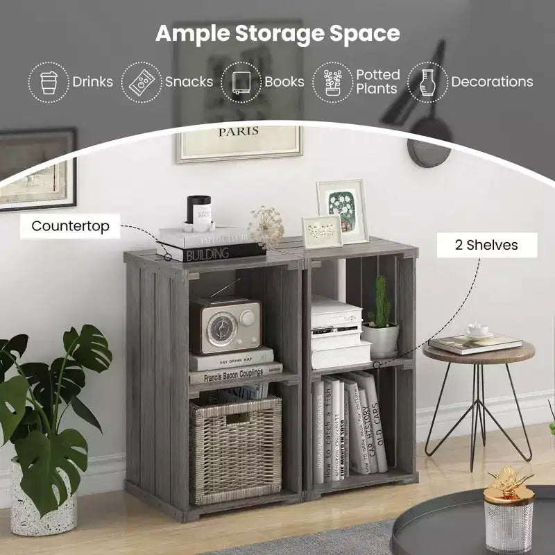 Costway 1/2 PCS 2-Cube Storage Shelf Slatted Paulownia Wood Cubic Organizer with Open Back Gray