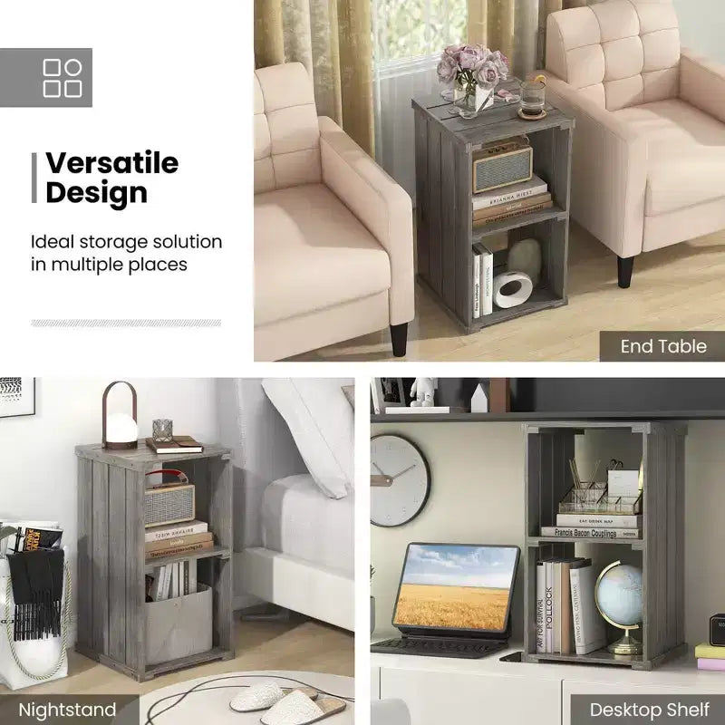 Costway 1/2 PCS 2-Cube Storage Shelf Slatted Paulownia Wood Cubic Organizer with Open Back Gray