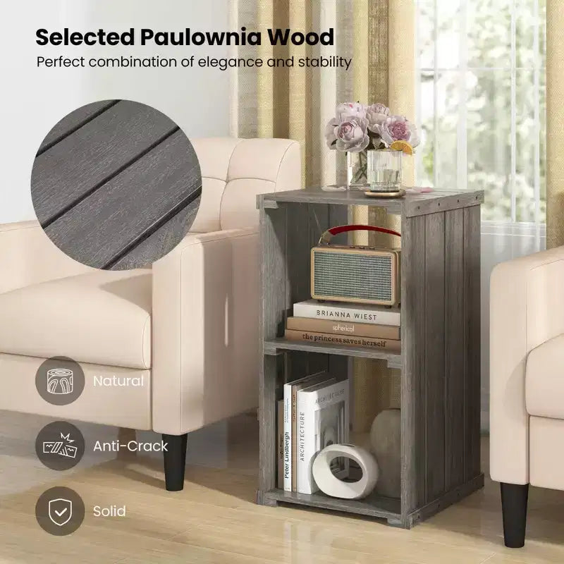 Costway 1/2 PCS 2-Cube Storage Shelf Slatted Paulownia Wood Cubic Organizer with Open Back Gray