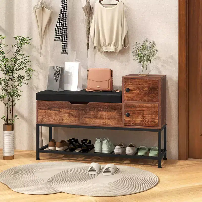Costway Entryway Bench Shoe Bench w/ Flip Top Box & 2 Door Cabinets PVC Seat Cushion