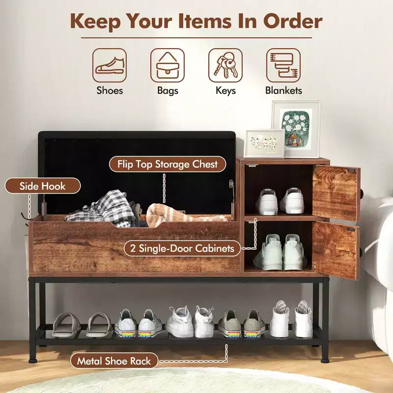 Costway Entryway Bench Shoe Bench w/ Flip Top Box & 2 Door Cabinets PVC Seat Cushion