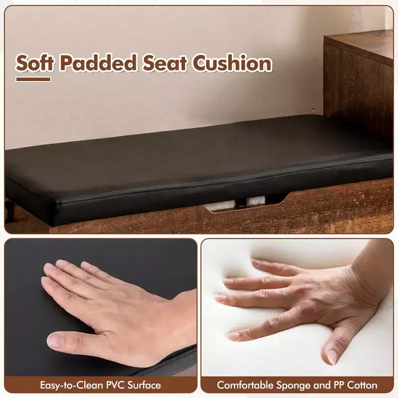 Costway Entryway Bench Shoe Bench w/ Flip Top Box & 2 Door Cabinets PVC Seat Cushion