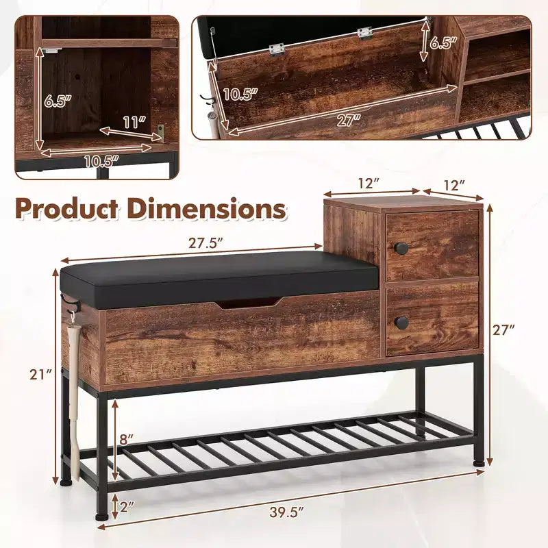 Costway Entryway Bench Shoe Bench w/ Flip Top Box & 2 Door Cabinets PVC Seat Cushion