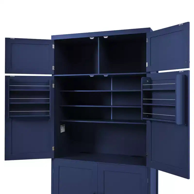 Tall Kitchen Pantry Cabinet with Power Outlets, Large Freestanding Cupboard with Microwave Stand, Drawers, Shelves, Wine Racks & Door-Shelf