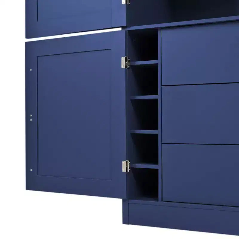Tall Kitchen Pantry Cabinet with Power Outlets, Large Freestanding Cupboard with Microwave Stand, Drawers, Shelves, Wine Racks & Door-Shelf