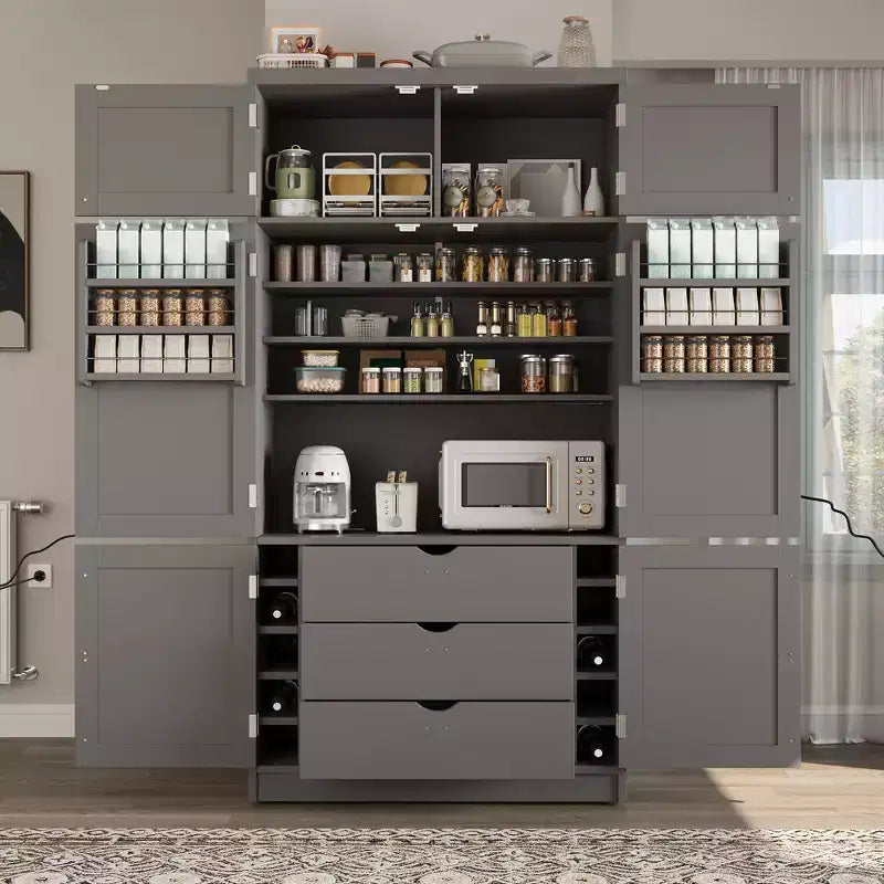 Tall Kitchen Pantry Cabinet with Power Outlets, Large Freestanding Cupboard with Microwave Stand, Drawers, Shelves, Wine Racks & Door-Shelf