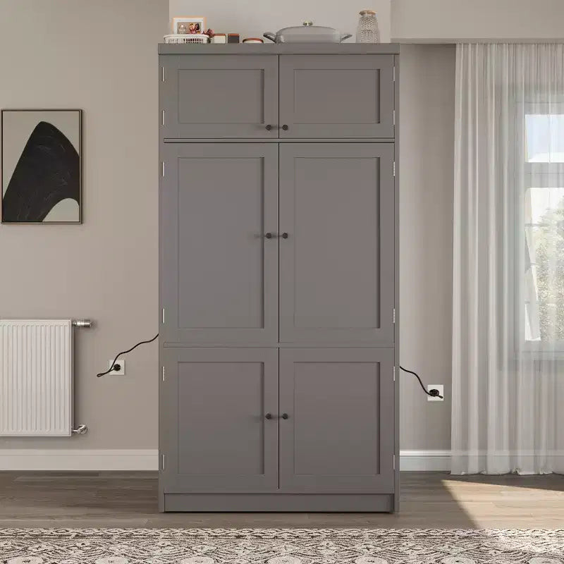 Tall Kitchen Pantry Cabinet with Power Outlets, Large Freestanding Cupboard with Microwave Stand, Drawers, Shelves, Wine Racks & Door-Shelf