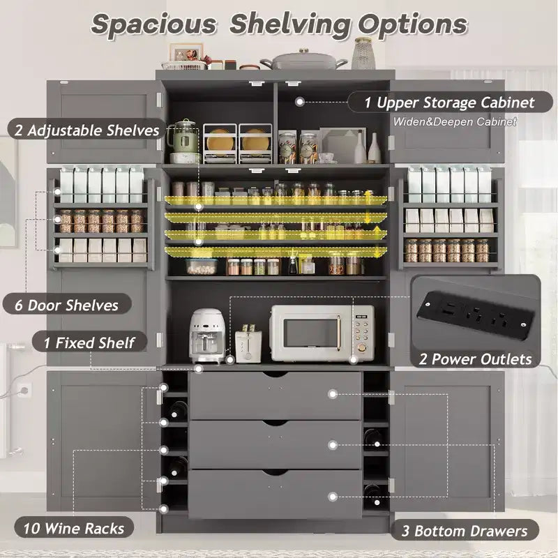 Tall Kitchen Pantry Cabinet with Power Outlets, Large Freestanding Cupboard with Microwave Stand, Drawers, Shelves, Wine Racks & Door-Shelf