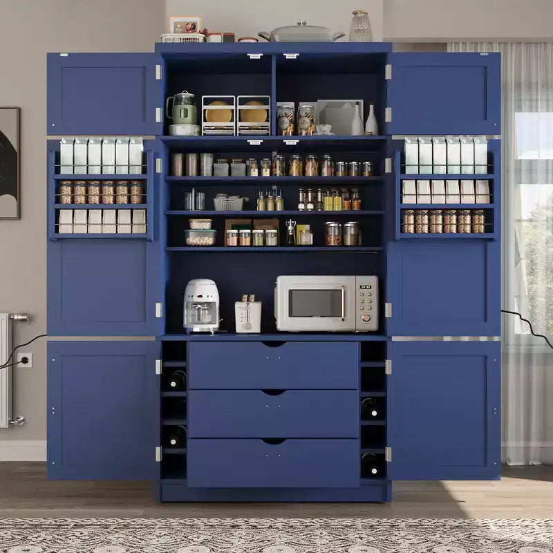 Tall Kitchen Pantry Cabinet with Power Outlets, Large Freestanding Cupboard with Microwave Stand, Drawers, Shelves, Wine Racks & Door-Shelf
