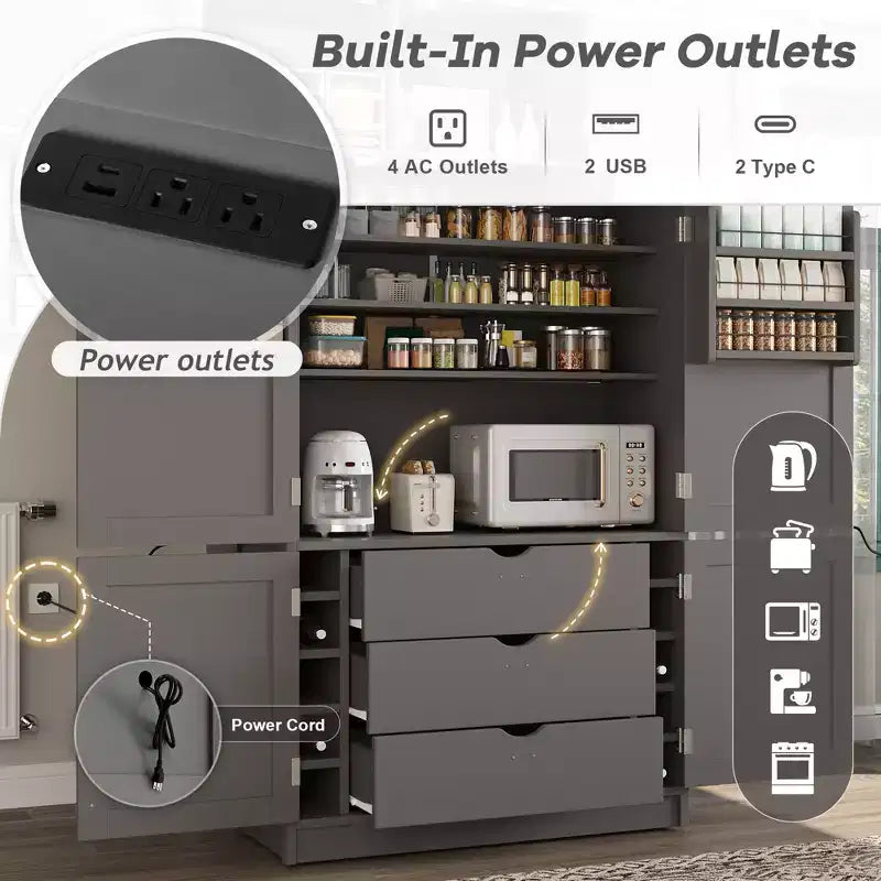 Tall Kitchen Pantry Cabinet with Power Outlets, Large Freestanding Cupboard with Microwave Stand, Drawers, Shelves, Wine Racks & Door-Shelf