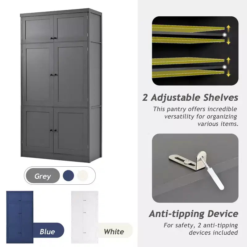 Tall Kitchen Pantry Cabinet with Power Outlets, Large Freestanding Cupboard with Microwave Stand, Drawers, Shelves, Wine Racks & Door-Shelf