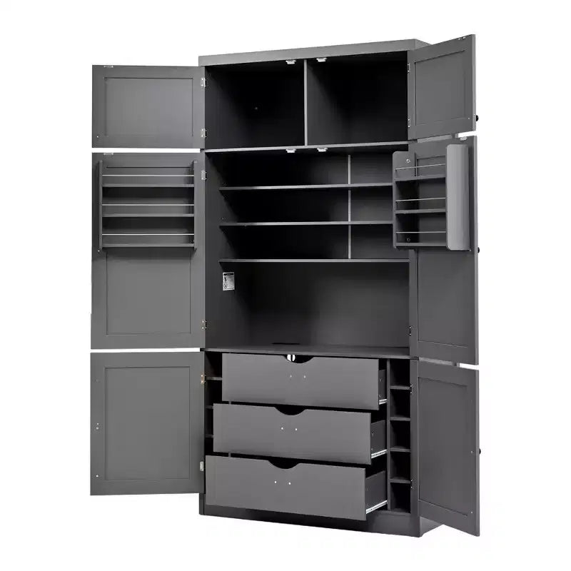 Tall Kitchen Pantry Cabinet with Power Outlets, Large Freestanding Cupboard with Microwave Stand, Drawers, Shelves, Wine Racks & Door-Shelf