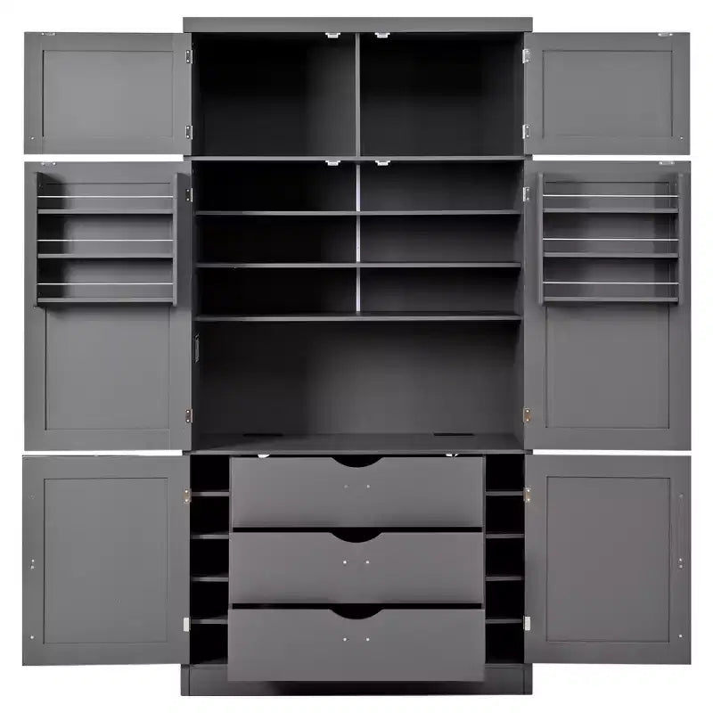 Tall Kitchen Pantry Cabinet with Power Outlets, Large Freestanding Cupboard with Microwave Stand, Drawers, Shelves, Wine Racks & Door-Shelf