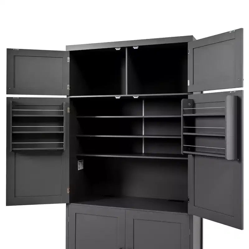 Tall Kitchen Pantry Cabinet with Power Outlets, Large Freestanding Cupboard with Microwave Stand, Drawers, Shelves, Wine Racks & Door-Shelf