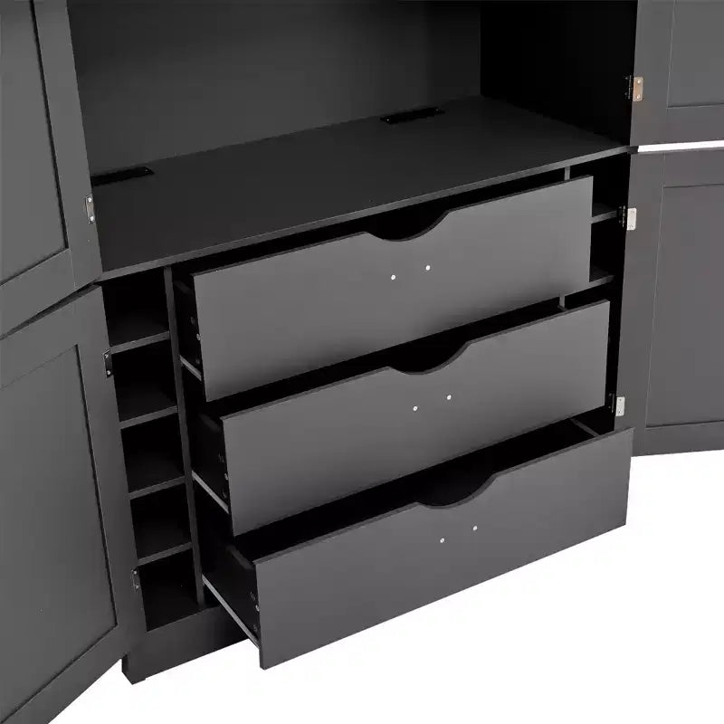 Tall Kitchen Pantry Cabinet with Power Outlets, Large Freestanding Cupboard with Microwave Stand, Drawers, Shelves, Wine Racks & Door-Shelf