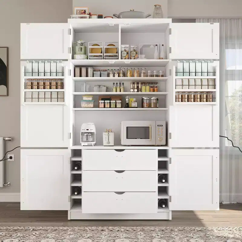 Tall Kitchen Pantry Cabinet with Power Outlets, Large Freestanding Cupboard with Microwave Stand, Drawers, Shelves, Wine Racks & Door-Shelf