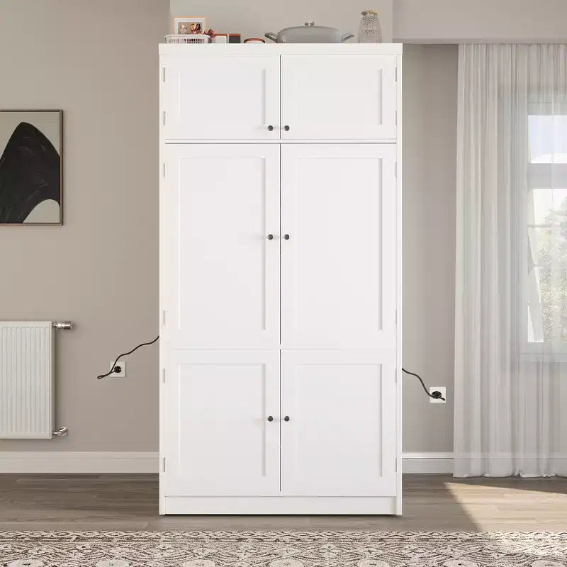Tall Kitchen Pantry Cabinet with Power Outlets, Large Freestanding Cupboard with Microwave Stand, Drawers, Shelves, Wine Racks & Door-Shelf