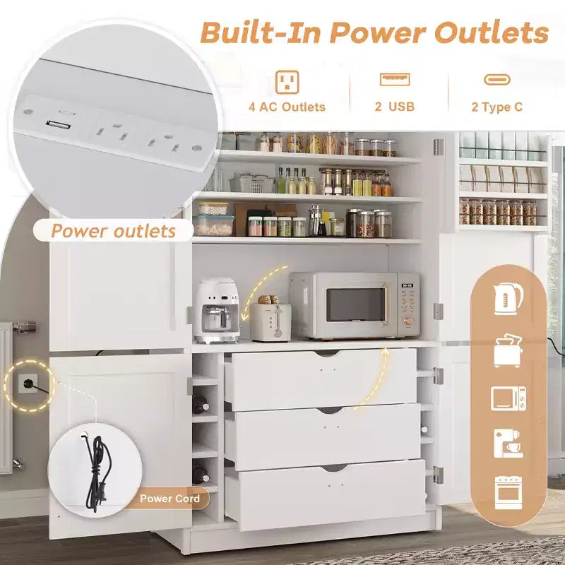 Tall Kitchen Pantry Cabinet with Power Outlets, Large Freestanding Cupboard with Microwave Stand, Drawers, Shelves, Wine Racks & Door-Shelf