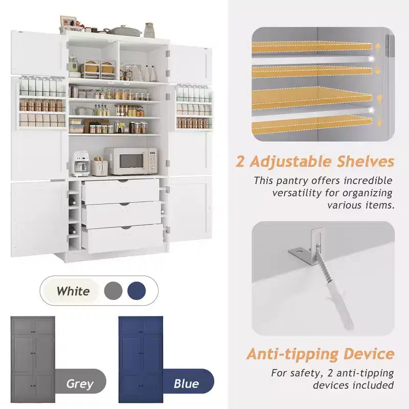 Tall Kitchen Pantry Cabinet with Power Outlets, Large Freestanding Cupboard with Microwave Stand, Drawers, Shelves, Wine Racks & Door-Shelf