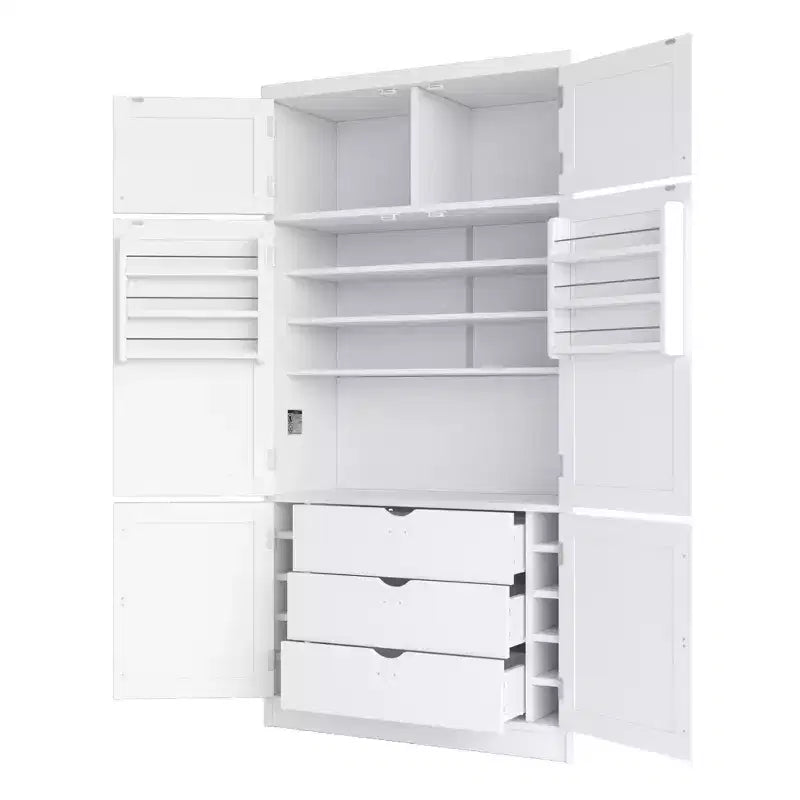 Tall Kitchen Pantry Cabinet with Power Outlets, Large Freestanding Cupboard with Microwave Stand, Drawers, Shelves, Wine Racks & Door-Shelf