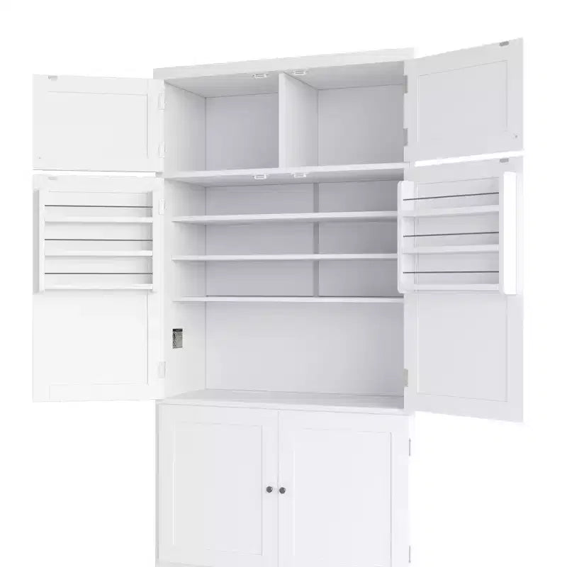 Tall Kitchen Pantry Cabinet with Power Outlets, Large Freestanding Cupboard with Microwave Stand, Drawers, Shelves, Wine Racks & Door-Shelf