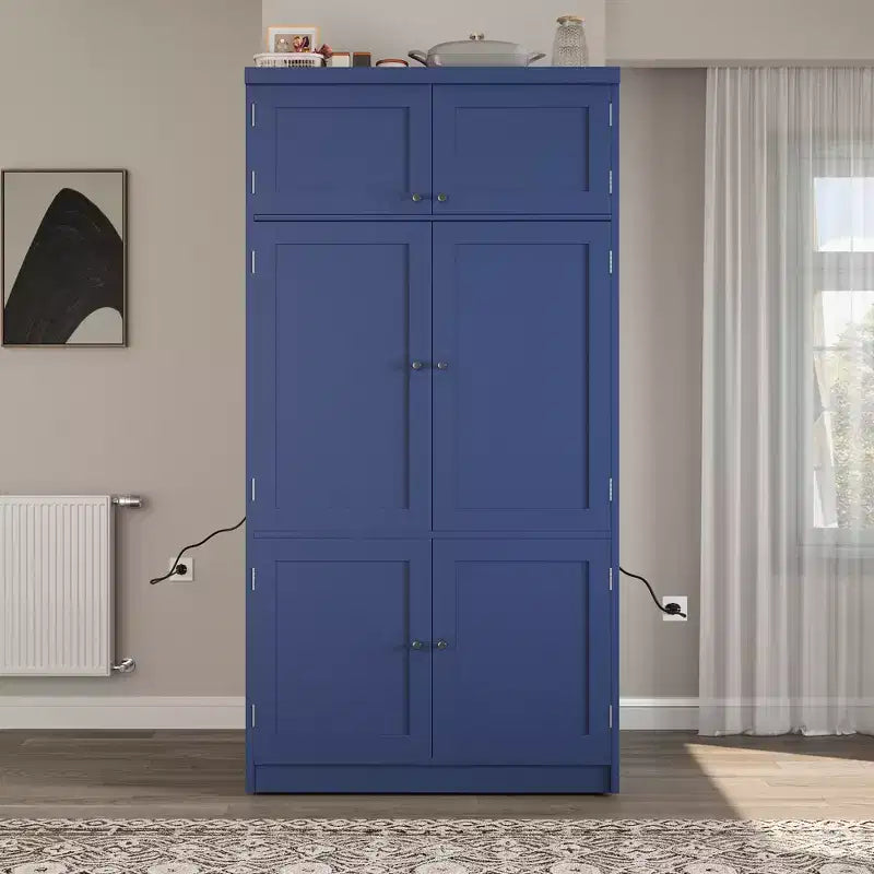 Tall Kitchen Pantry Cabinet with Power Outlets, Large Freestanding Cupboard with Microwave Stand, Drawers, Shelves, Wine Racks & Door-Shelf