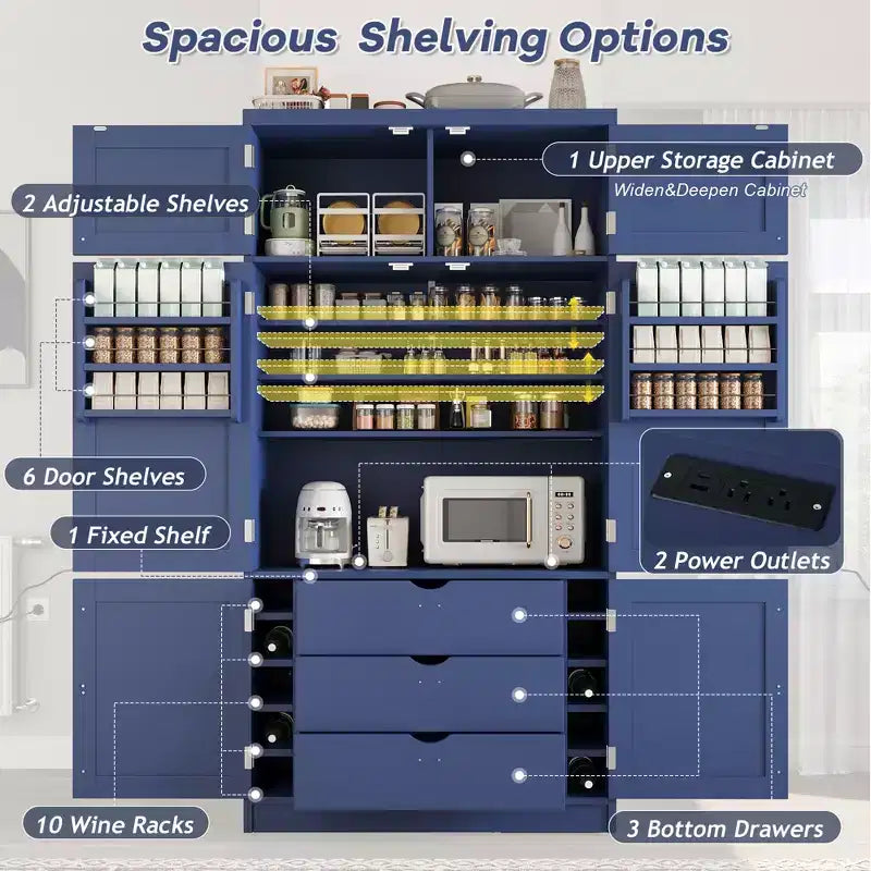 Tall Kitchen Pantry Cabinet with Power Outlets, Large Freestanding Cupboard with Microwave Stand, Drawers, Shelves, Wine Racks & Door-Shelf